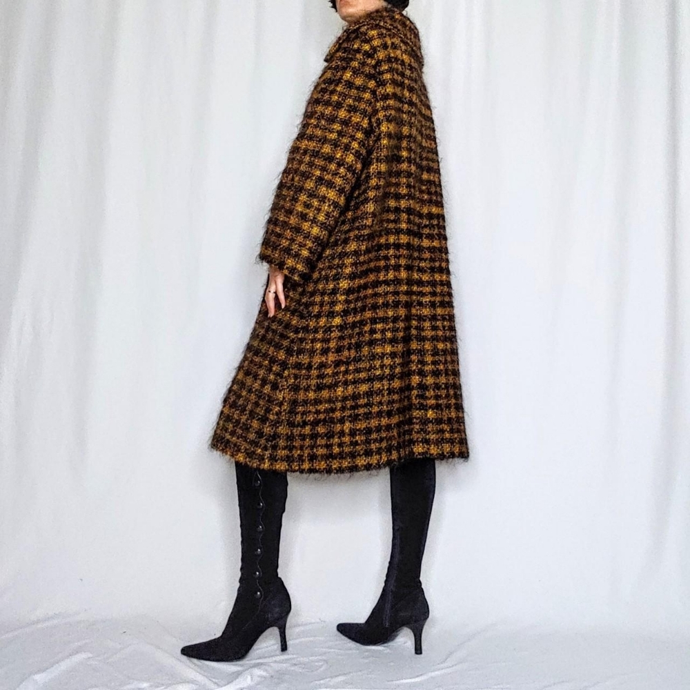 Vintage Brown & Mustard Plaid Wool Pea Coat - Picture 4 of 8